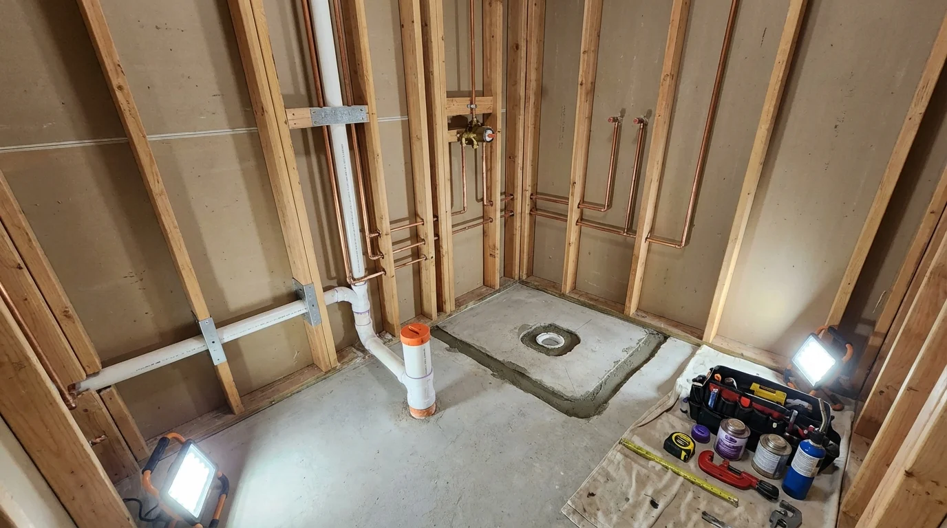 Bathroom rough-in plumbing during remodel by Johns Plumbing LLC in Mokena
