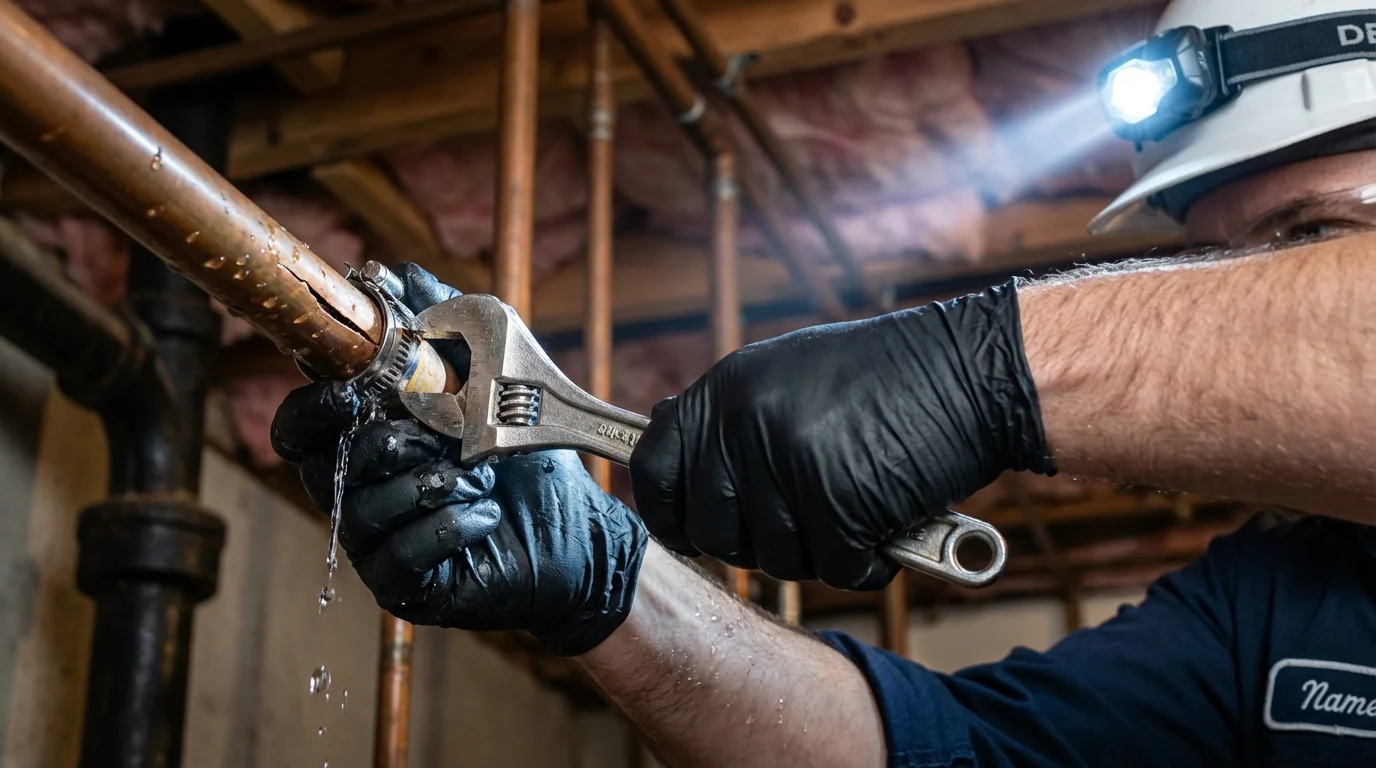 Emergency pipe clamp repair being performed by a Johns Plumbing LLC plumber in Mokena