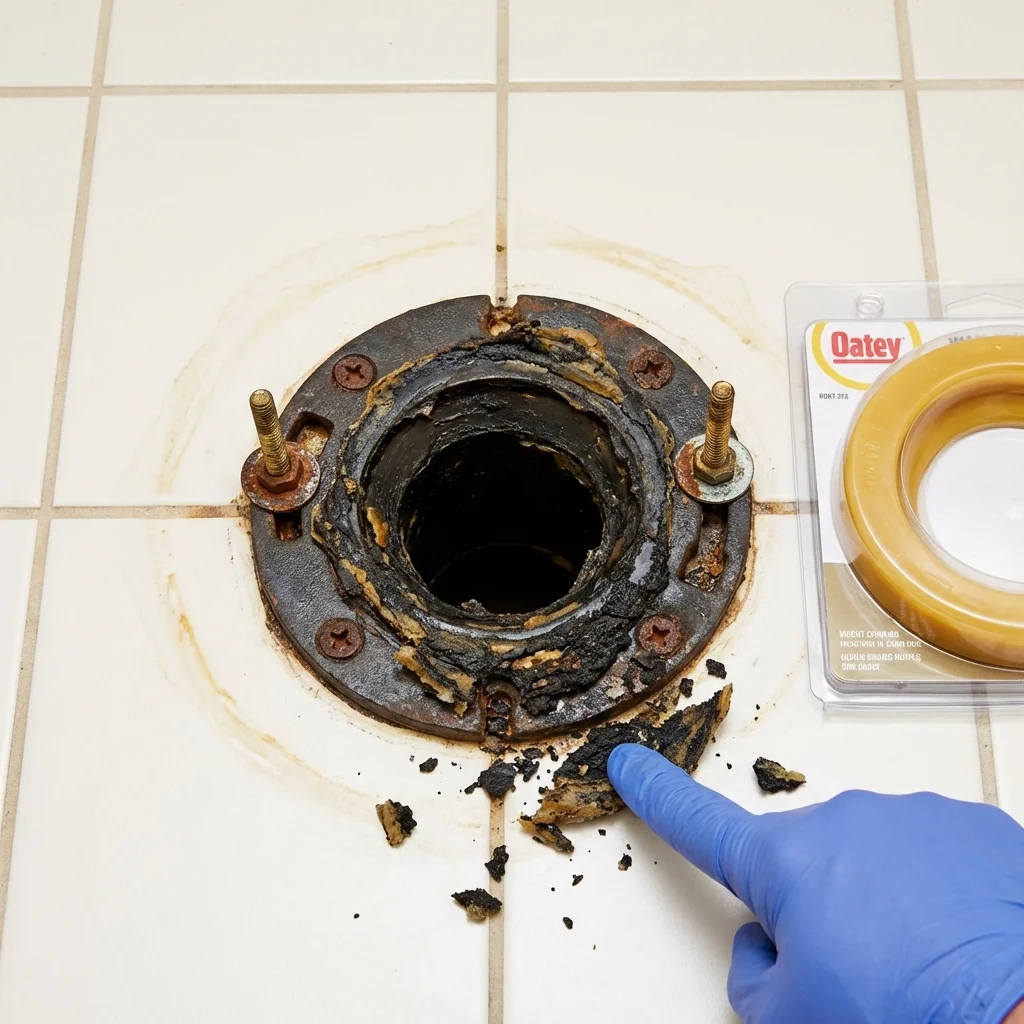 Failed wax ring showing water seepage at the base of a toilet in a Mokena, IL home