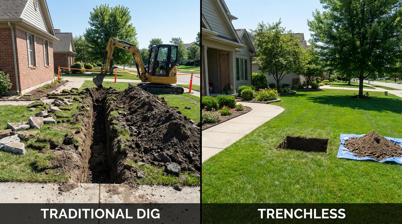 Trenchless sewer repair with minimal yard damage versus traditional excavation in Mokena, IL